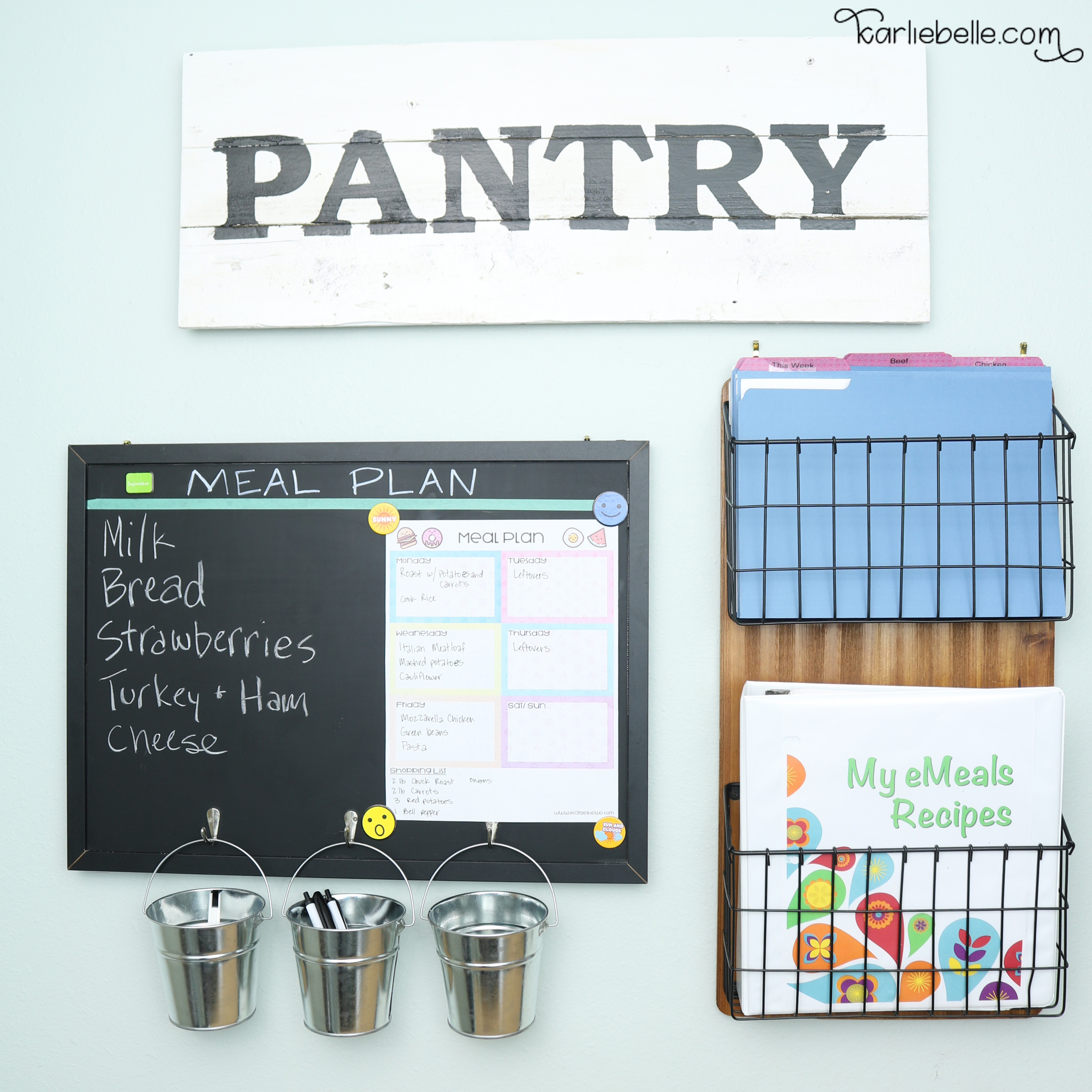Create a Meal Planning Center in your Pantry or Kitchen. Keep Recipes Organized and use Free Printable to plan out your weekly meals.