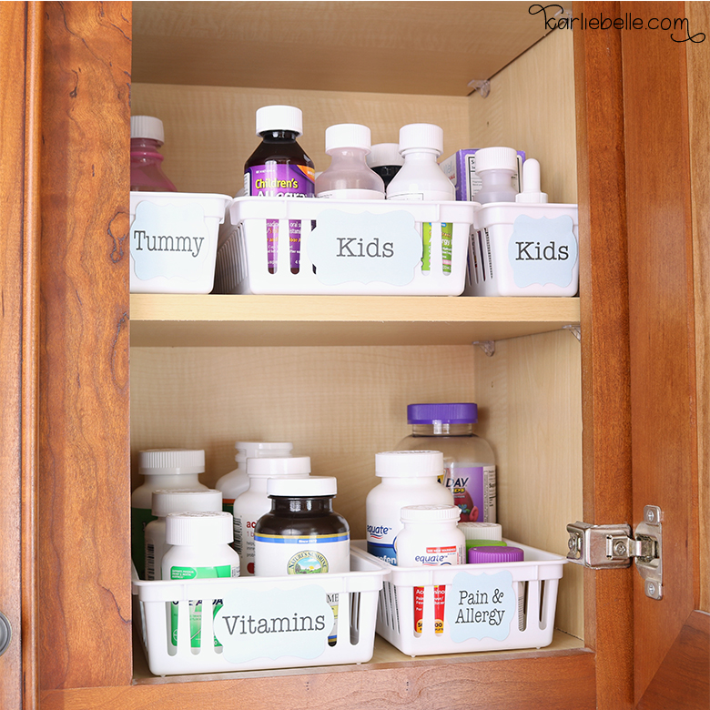 Easy Medicine Cabinet Organization using inexpensive baskets and labels