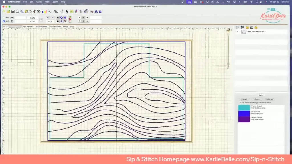 Embroidery software screen showing a wood-grain quilting fill inside the hoop boundary with thread color swatches