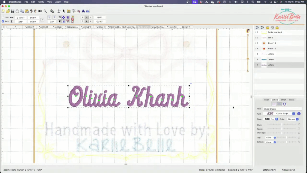 Fonts for quilt label made in Embrilliance Essentials
