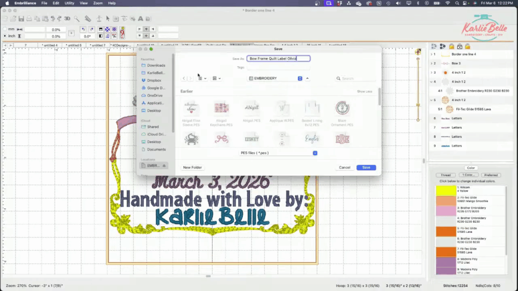 saving quilt label made in Embrilliance Essentials in USB